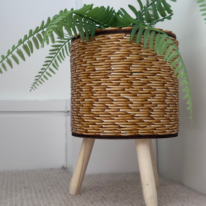 Wicker plant stand with a plant on a neutral background